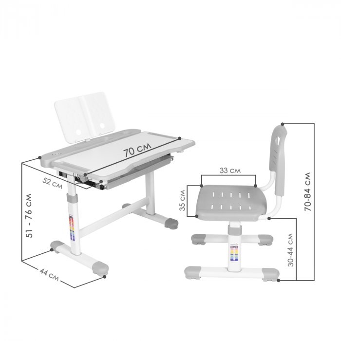 Характеристики Комплект Anatomica Vitera парта + стул + выдвижной ящик + подставка